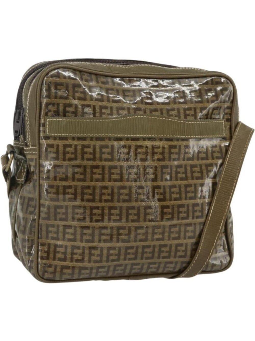 FENDI Zucchino Canvas Shoulder Bag Beige Gold